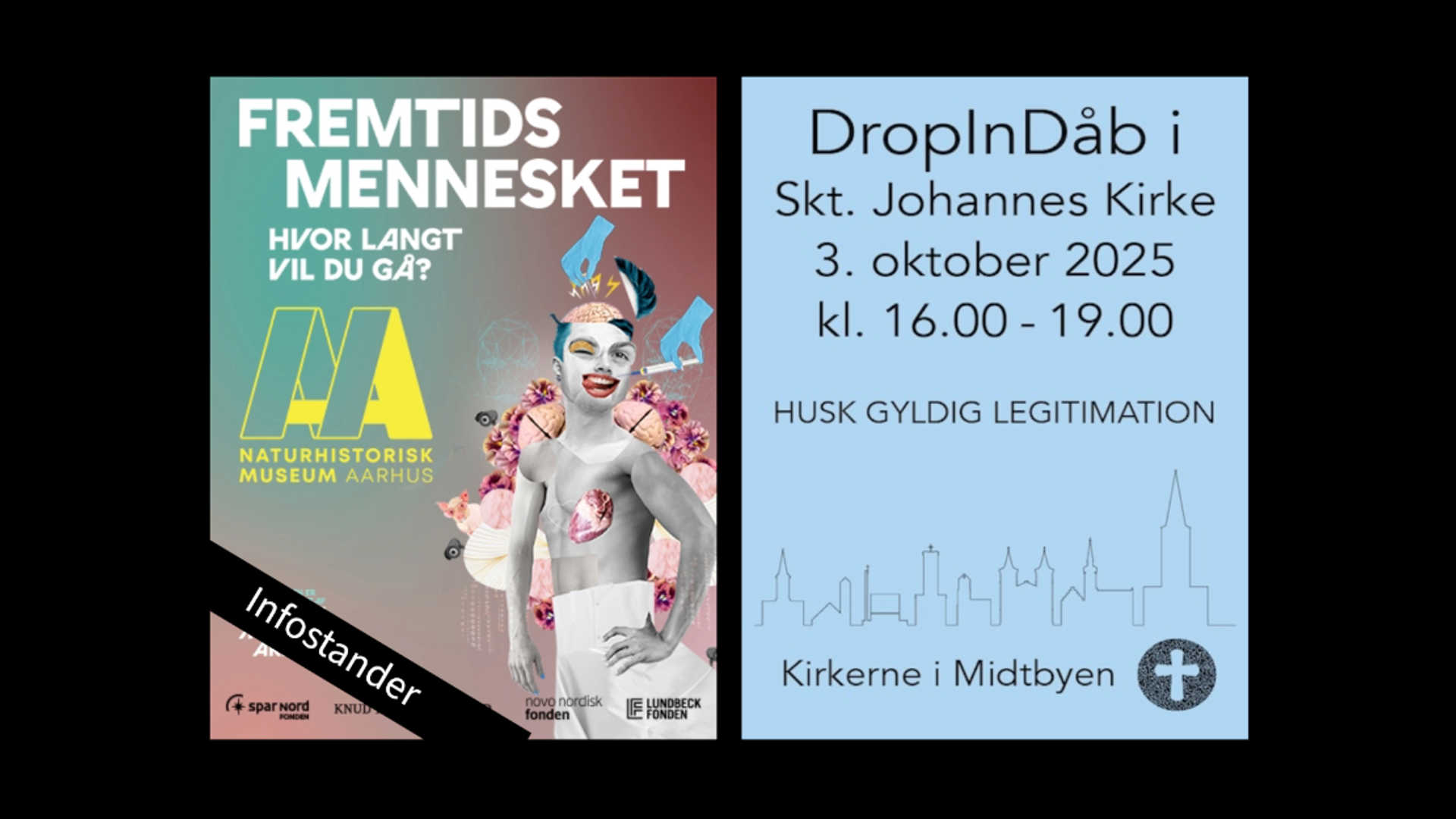 Annoncer: Naturhistorisk Museum - Fremtidsmennesket (collage af kvinde) og Kirkerne i Midtbyen (Byens silhuet på blå baggrund)