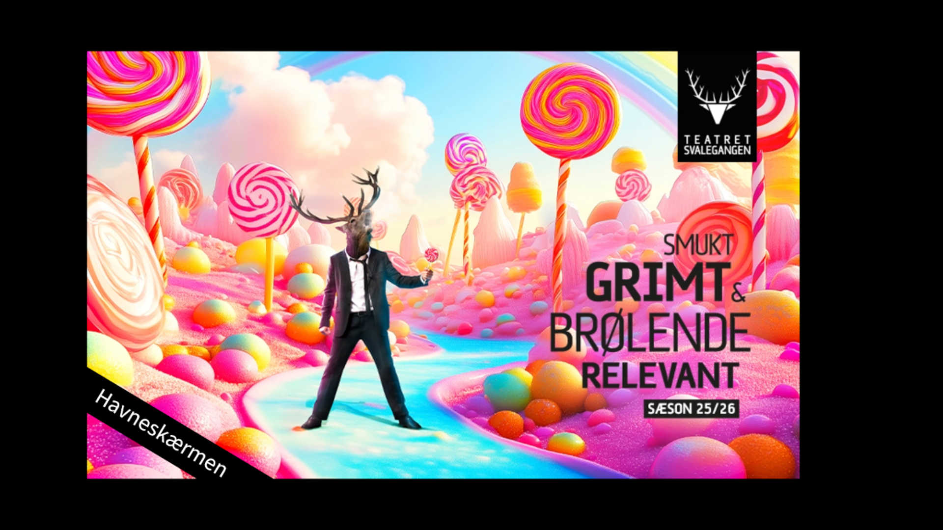 Annonce: Teater Svalegangen, slikland med brølende hjort i smoking.