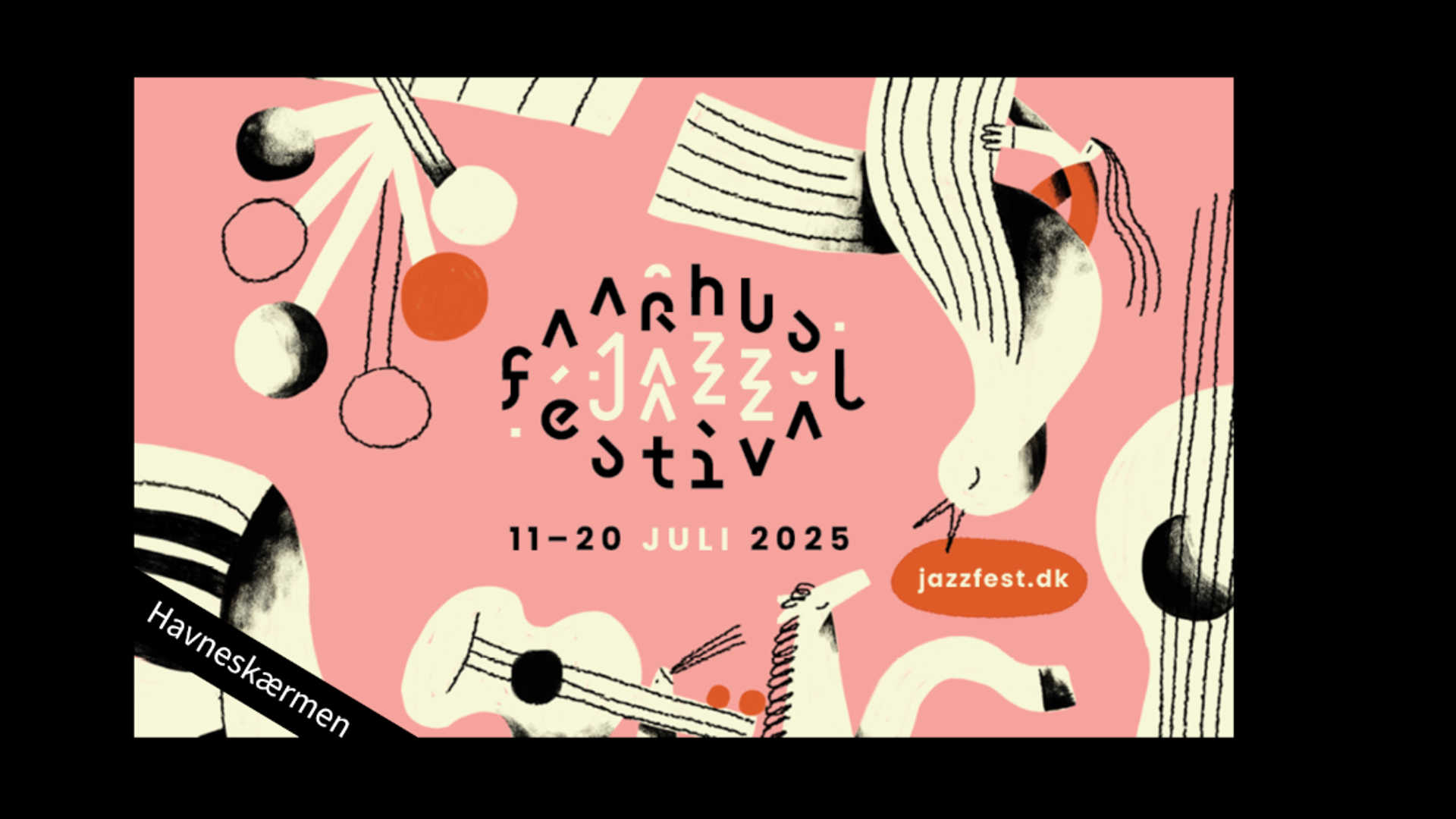 Annonce: Aarhus Jazzfestival (tegning af fugle og guitar på lyserød baggrund)